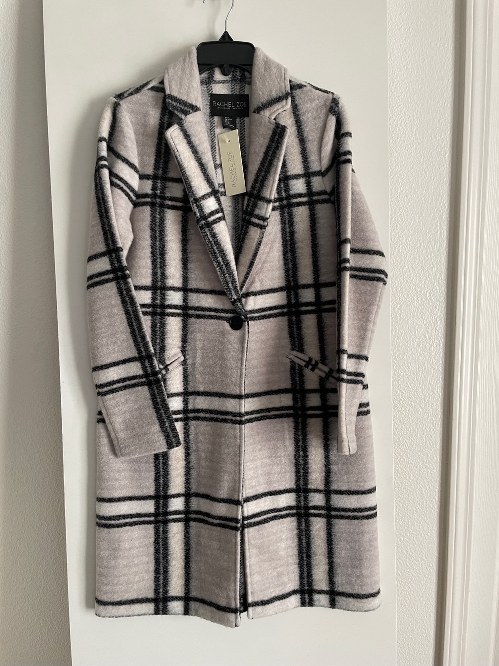 Rachel Zoe Wool Blend Duster Cardigan Sweater Trench Coat-Ivory/Black Plaid NWT